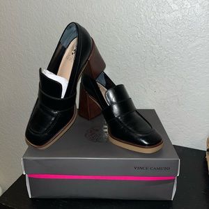 Vince Camuto Black Leather Block Heel Loafers with Brown Heel